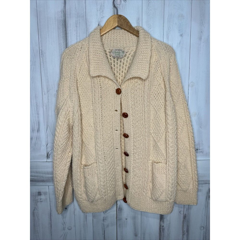 Cathsin Cathain HandKnit Ireland Cardigan Sweater Ivory Cable Pure Irish Wool L*